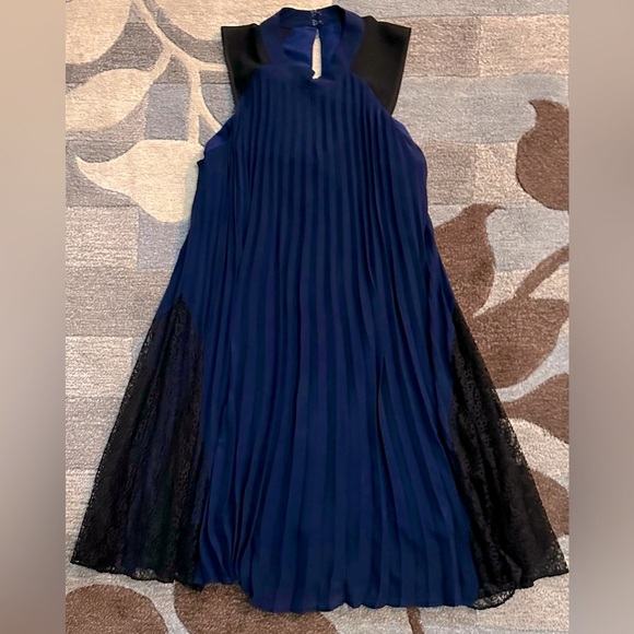 Revolve | BCBGeneration Mixed Media Pleated Lace A-line Dress in Deep Blue Black - Picture 3 of 7